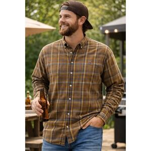 Tommy Hilfiger Plaid Button Down Shirt Mens XL Classic Fit Brown Yellow Blue